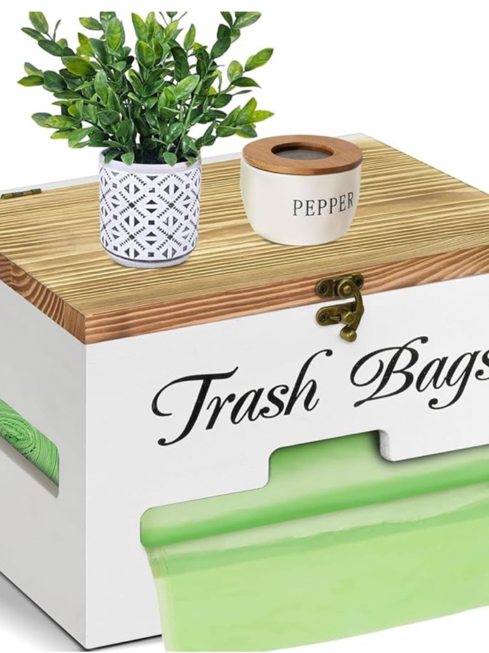 Trash Bags Dispenser Box - White with Wood Accent